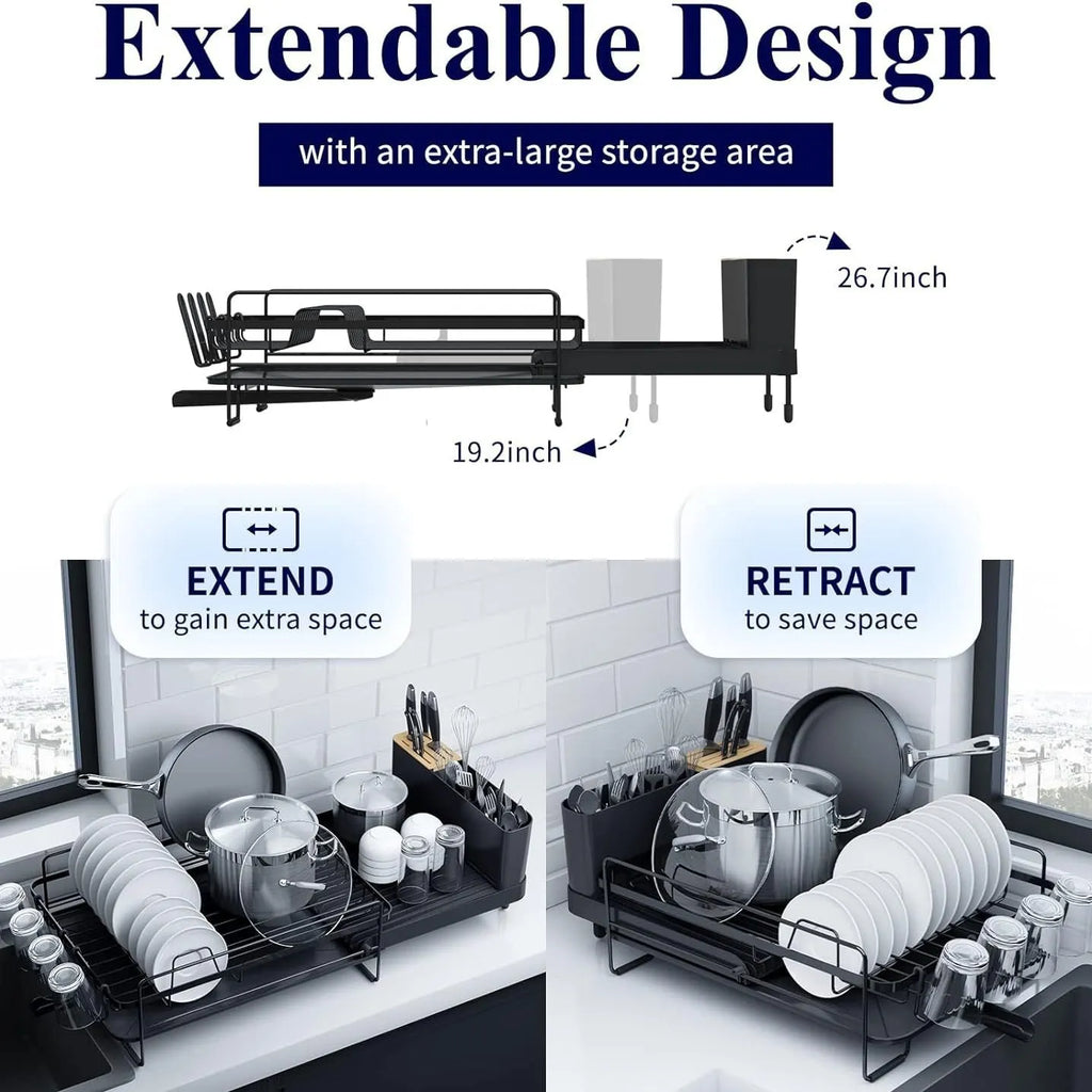 Foldable carbon steel kitchen dish rack holding cutlery, knives, forks and cups.