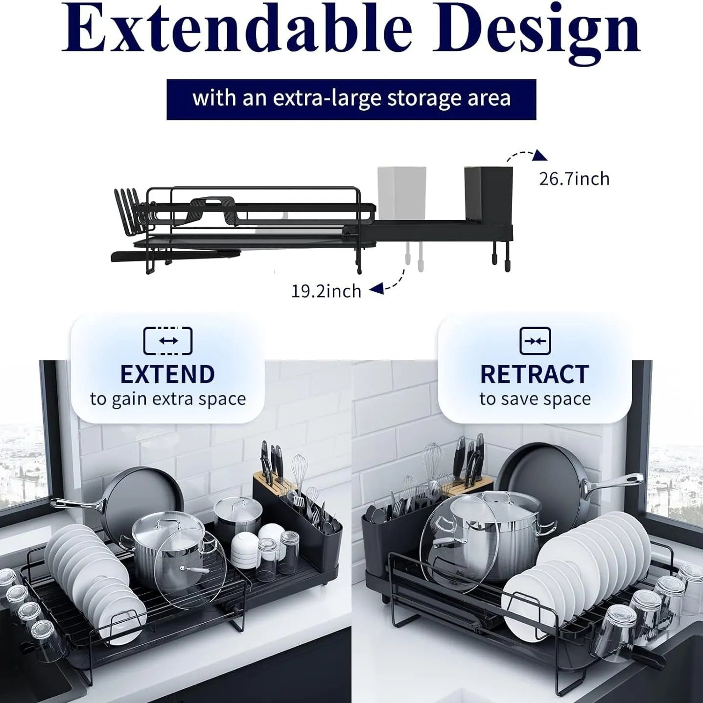 Foldable carbon steel kitchen dish rack holding cutlery, knives, forks and cups.