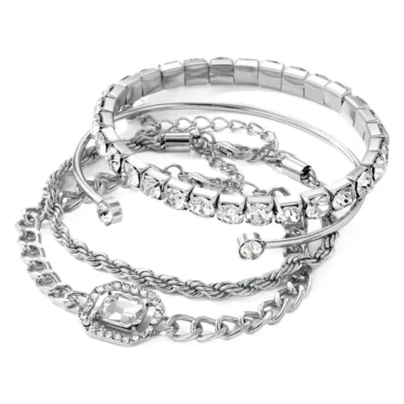 Four-piece alloy bracelet set with geometric square diamonds and metal chain in retro style
