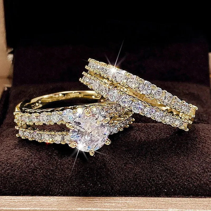 2-in-1 fully-jewelled geometric female ring set in silver, gold, and rose gold colours