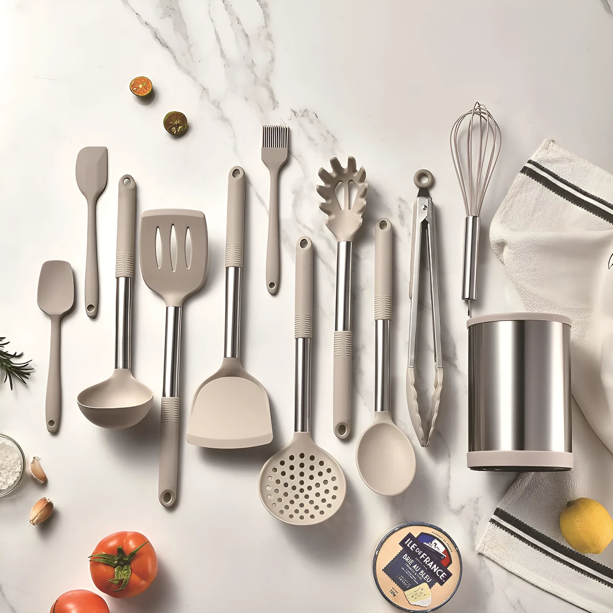 Silicone kitchenware 12 piece set with utensils and rotating storage bucket in black, grey, or khaki