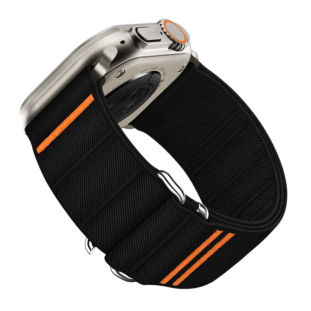 Elastic nylon Apple Watch band with stainless steel buckle in Army Green colour
