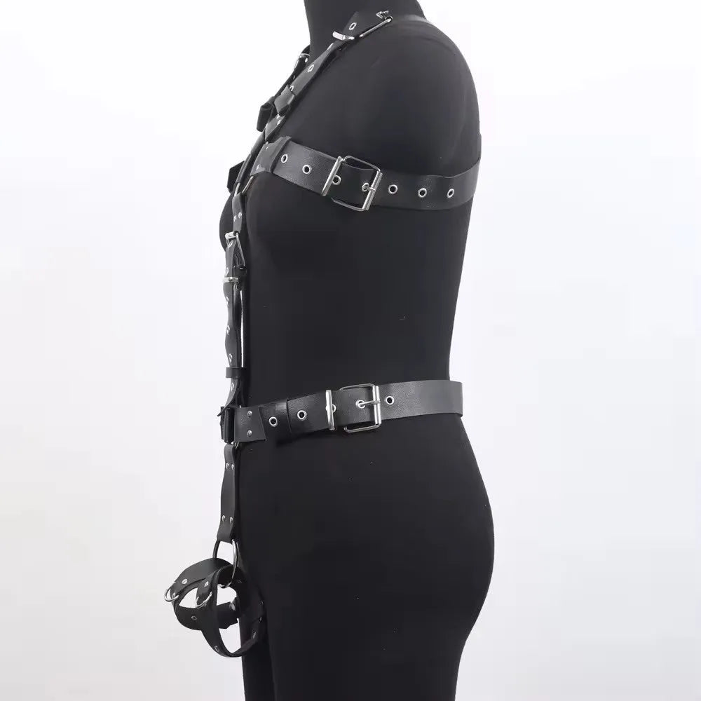 Black leather shapewear belt with thin width and pin buckle closure on plain background