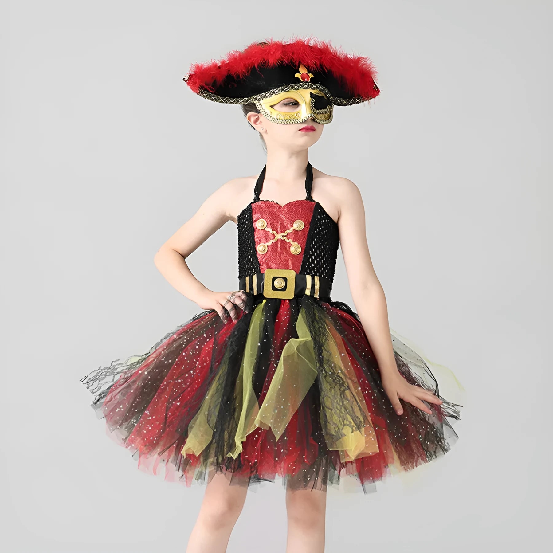 Girls sleeveless pirate costume dress with black sequin and lace detailing for Halloween.