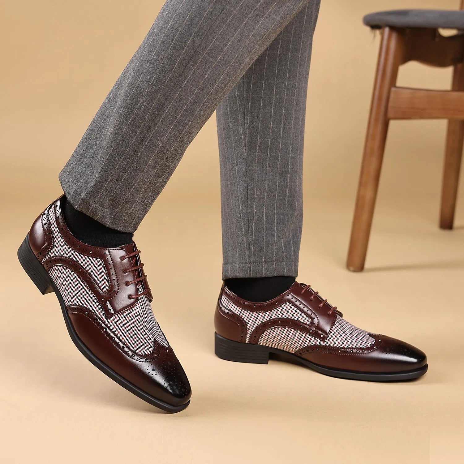 Men's black houndstooth plaid casual leather shoes with canvas upper, square toe, and lace-up front.