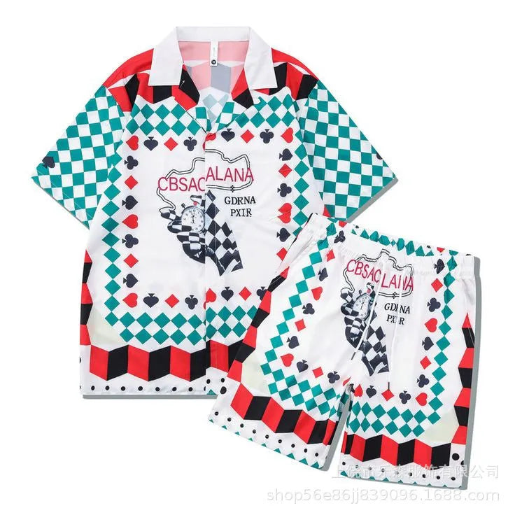 Men's plaid pattern beach outfit set with short sleeve shirt and matching trousers