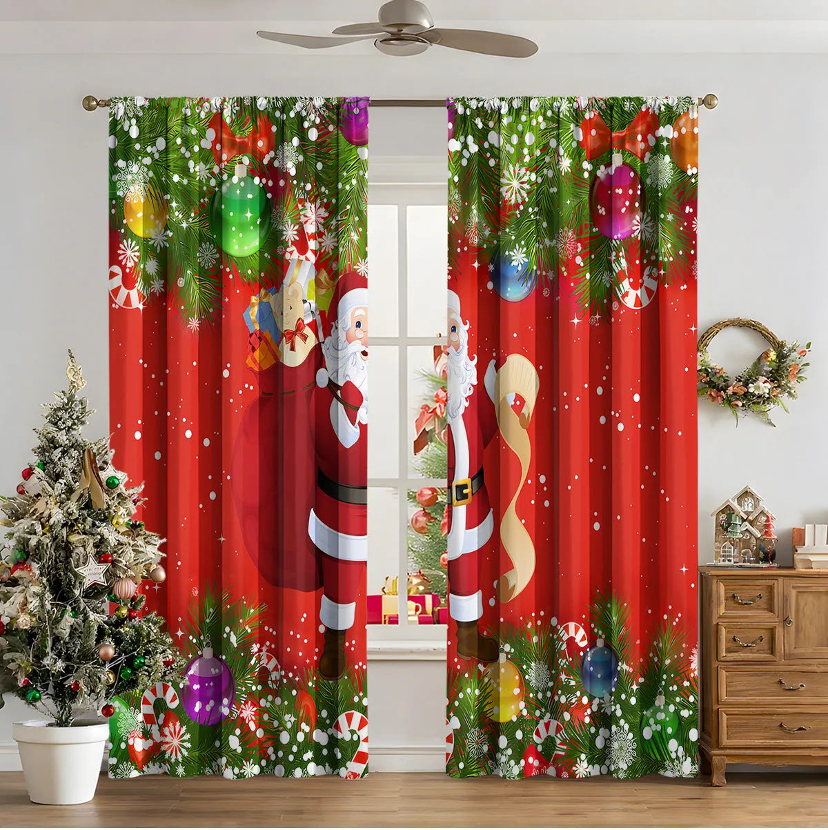 Set of two red and green 3D digitally printed Christmas theme curtains hanging on a window.