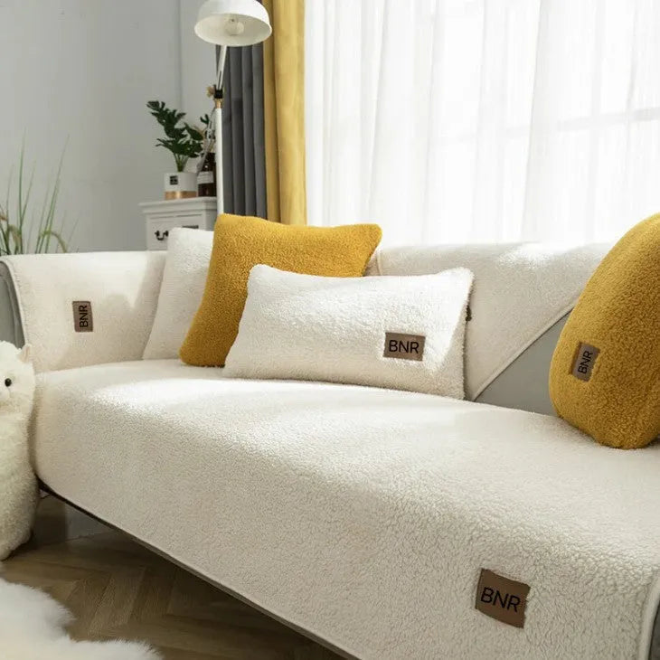Lambswool sofa cover in solid colour showing cloth liner style and texture