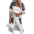 Women's gray knitted long cardigan with striped plaid pattern and loose fit street fashion style