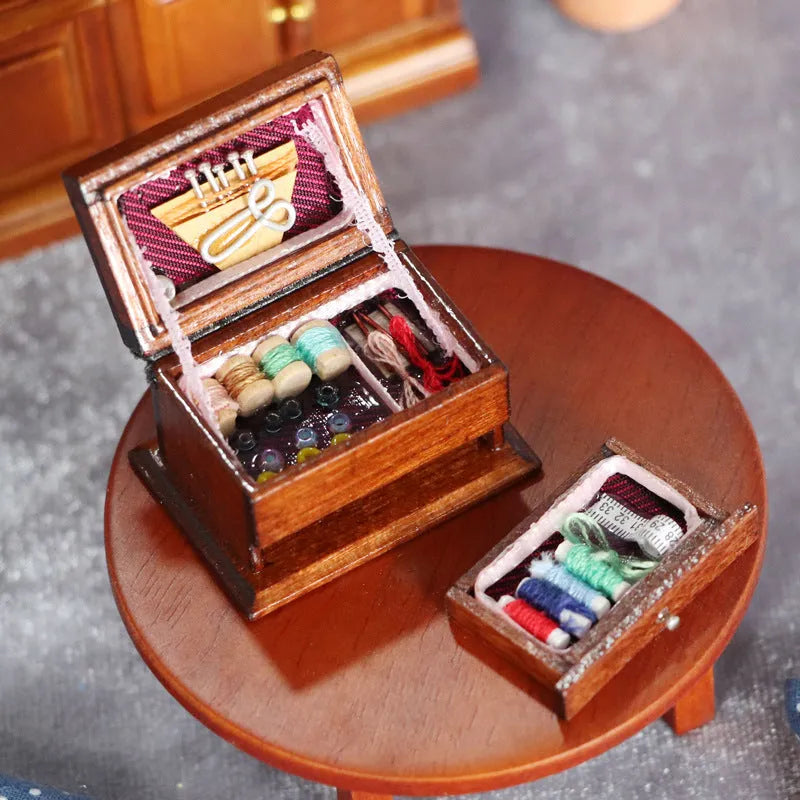 Miniature wooden sewing kit with European style accessories in birch wood