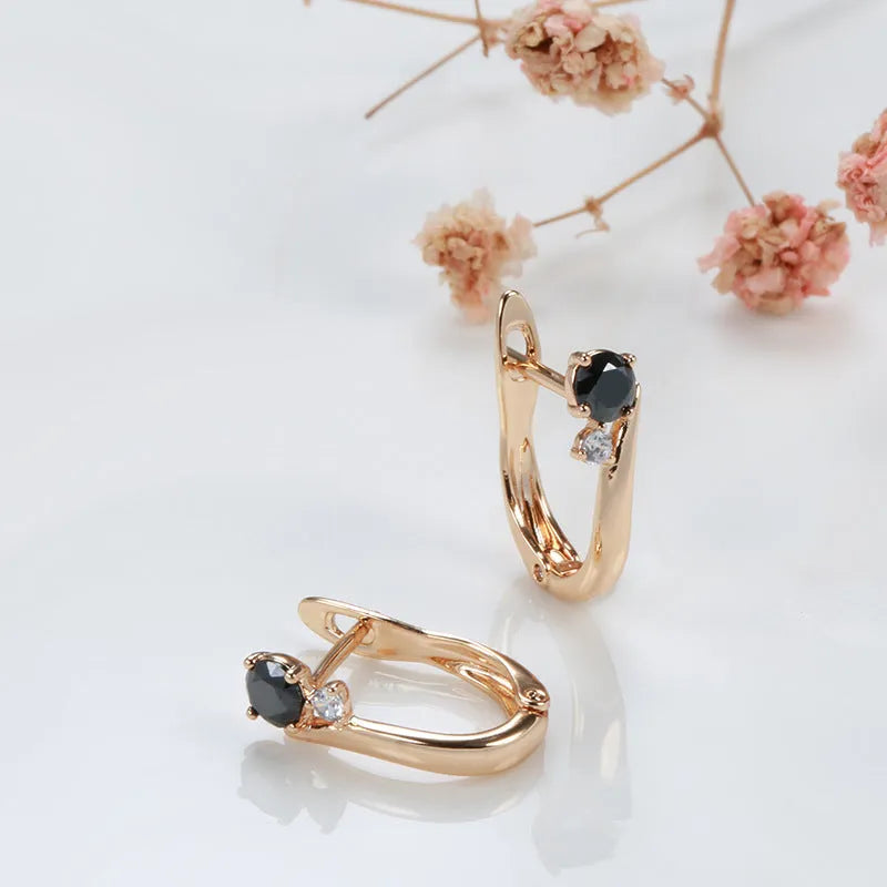 Gold-plated black agate drop earrings with retro geometric design for women