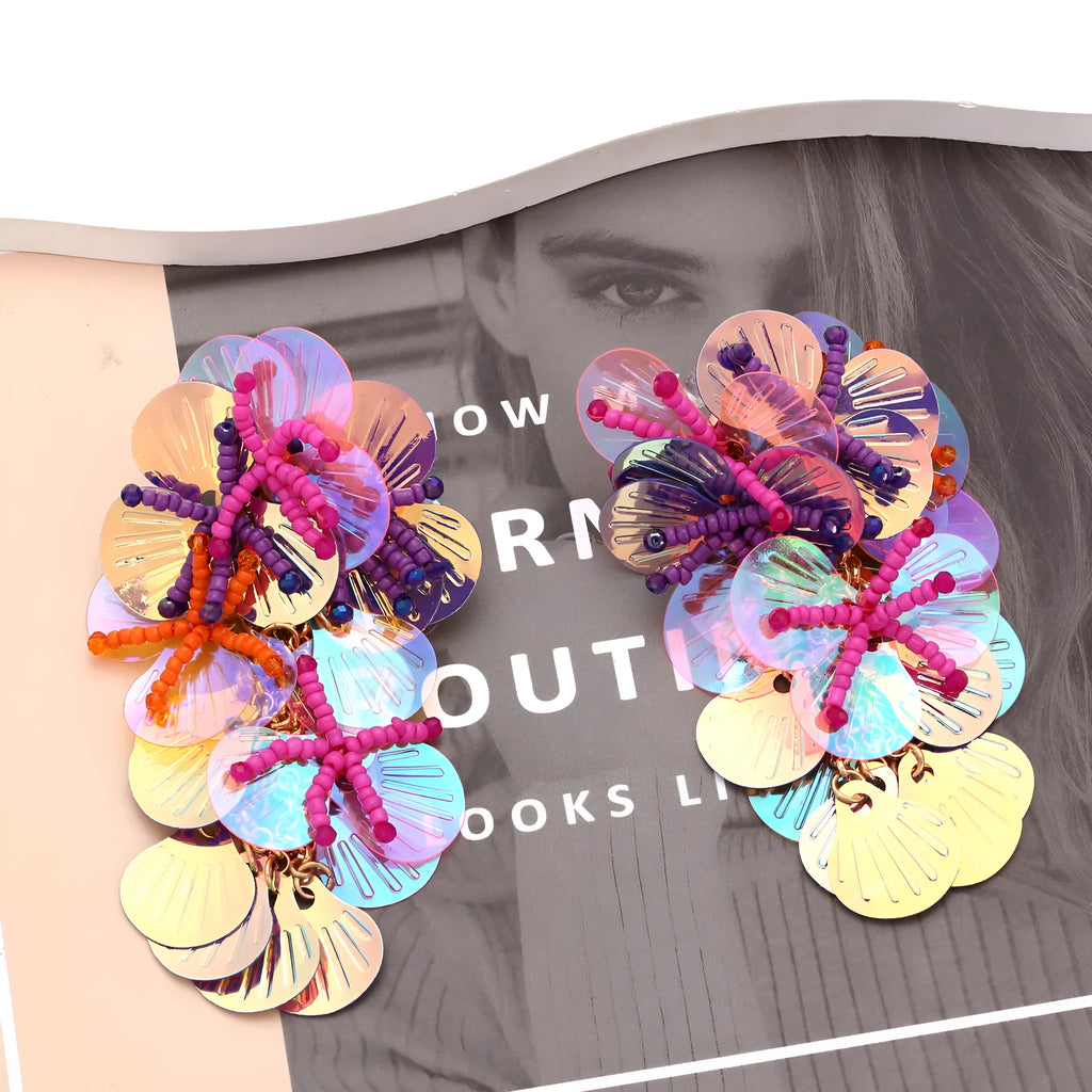 Handmade colourful string bead flower earrings with exaggerated dopamine design