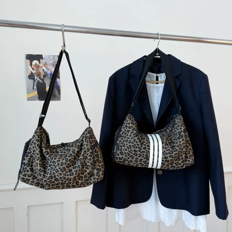 Leopard print stripes sports style shoulder messenger bag with cross-body strap