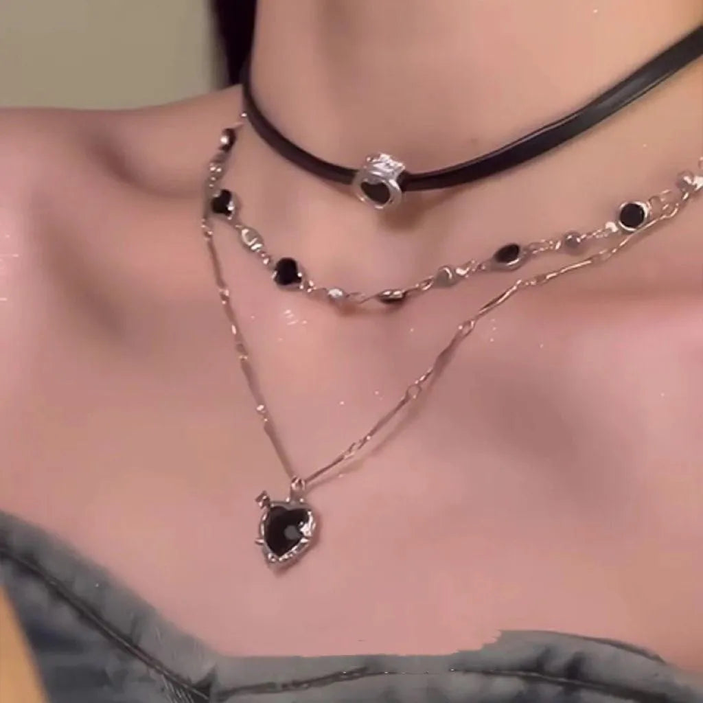Women's adjustable multi-layer necklace with heart-shaped alloy pendants and crystal detailing