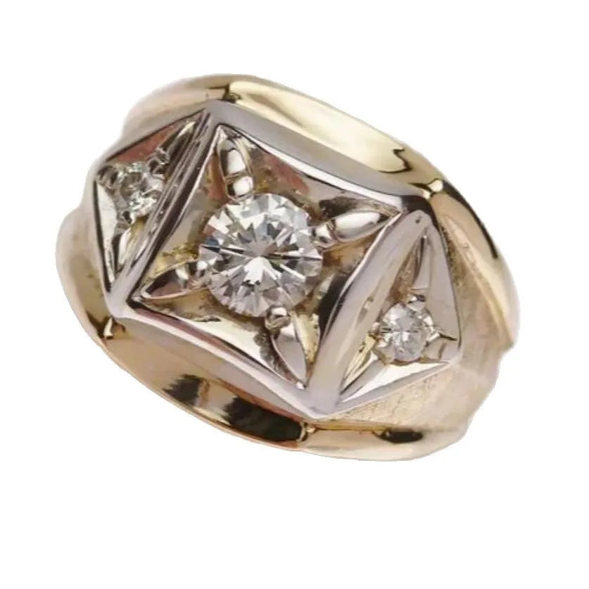 Geometric hollow gold colour copper couple ring showing chamfered square pattern detail.