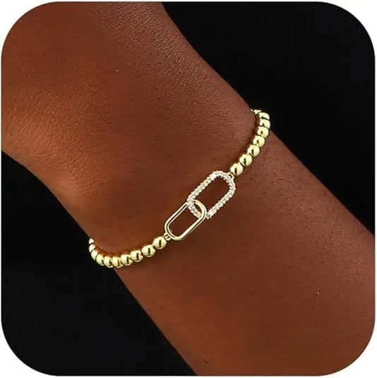 Adjustable stainless steel beaded bracelet in a geometric design with round beads