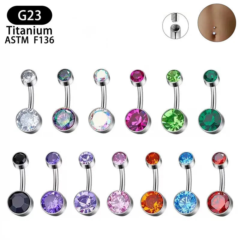 Titanium alloy double-headed zircon navel stud with internal thread in multiple colour options