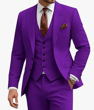 Men's slim-fit three-piece suit in chemical fibre blend fabric available in multiple colours
