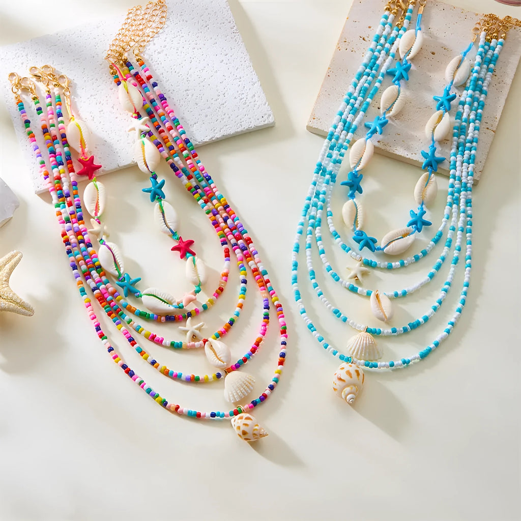 Women's 5-piece shell bead necklace set with starfish pendants and adjustable length