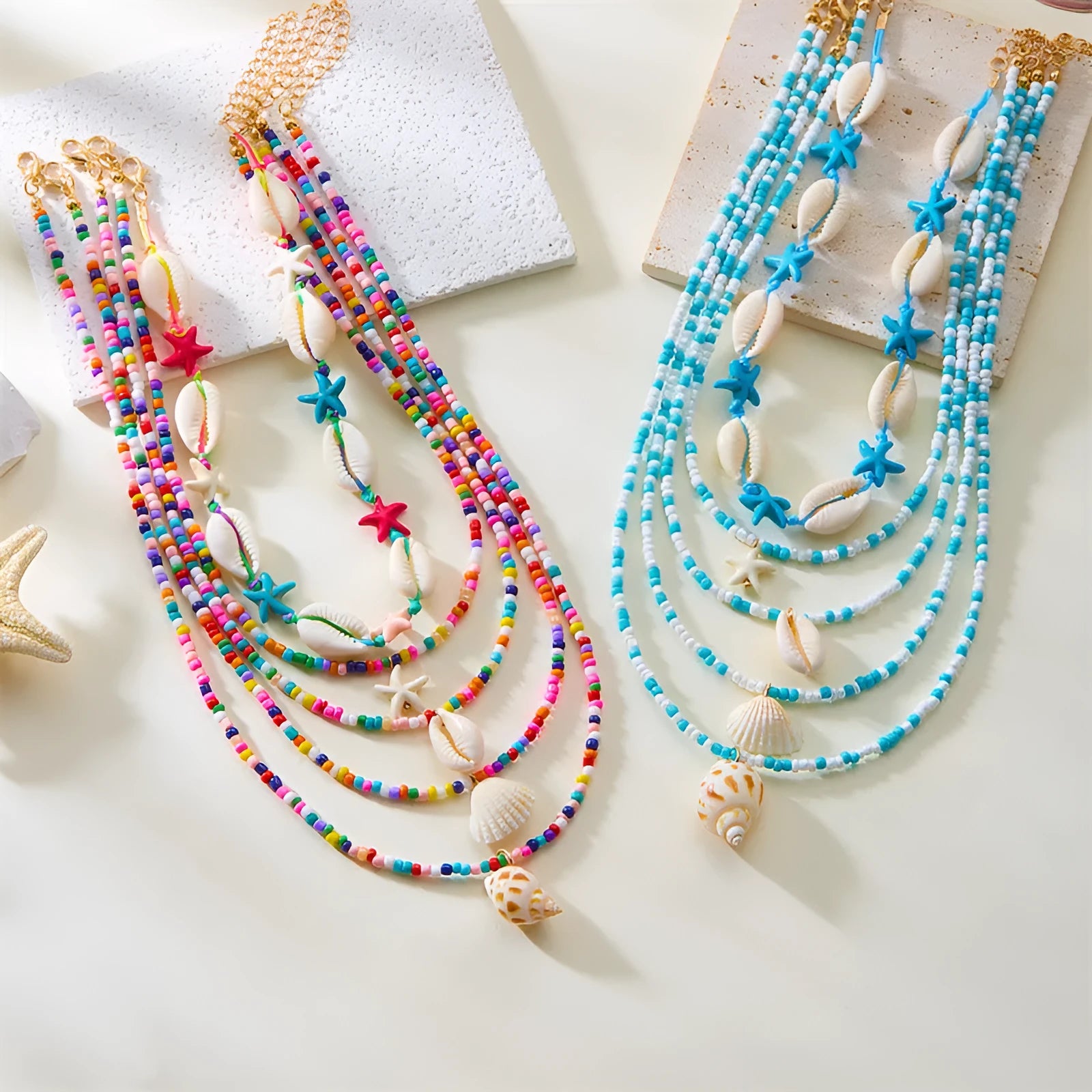 Women's 5-piece shell bead necklace set with starfish pendants and adjustable length