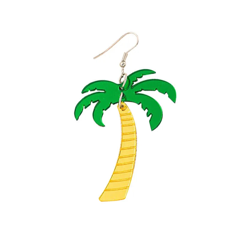 Acrylic drop earrings with coconut and jackfruit design on an alloy hook, shown in multiple colour styles.