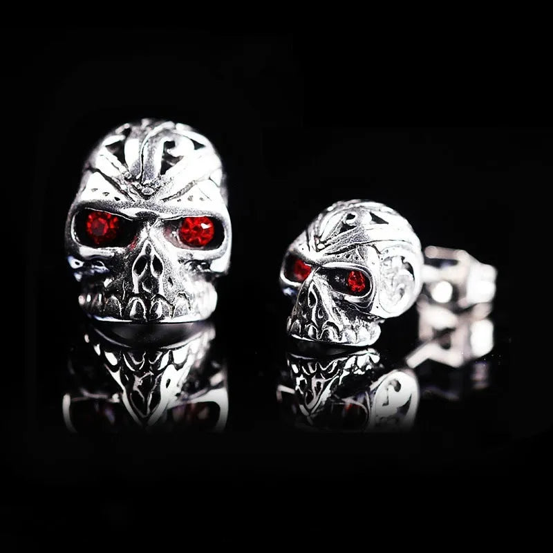 Retro skull stud earrings with red eye ghost head design on electroplated alloy