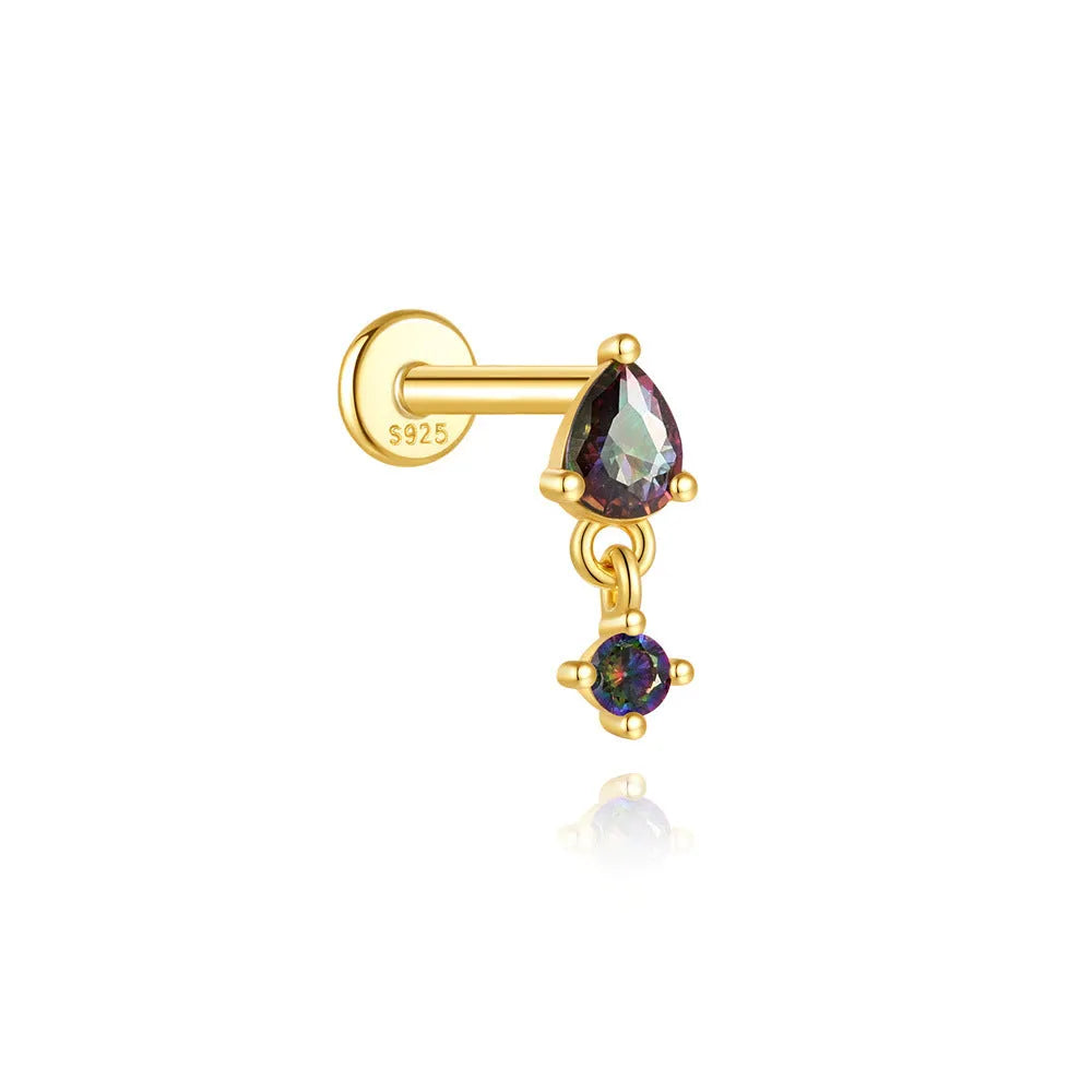 S925 sterling silver flat head stud earrings with shiny rainbow stone finish, showing thread piercing post.