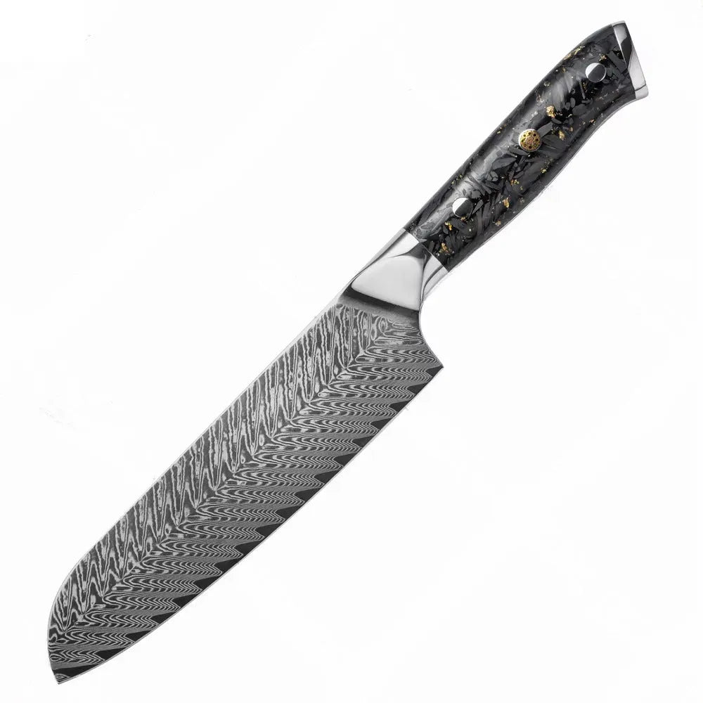 67-layer Damascus steel kitchen knife set with fishbone pattern showing eight different blade sizes and types