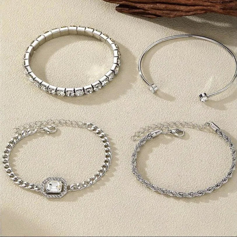 Four-piece alloy bracelet set with geometric square diamonds and metal chain in retro style