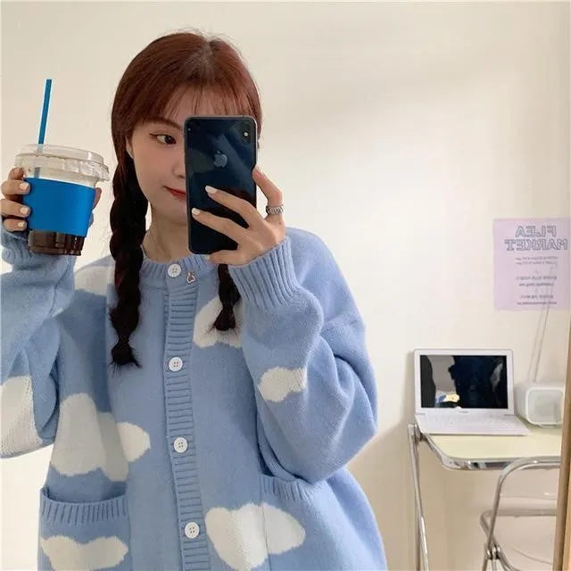 Women's blue spandex cardigan with cloud pattern, loose fit design with long sleeves