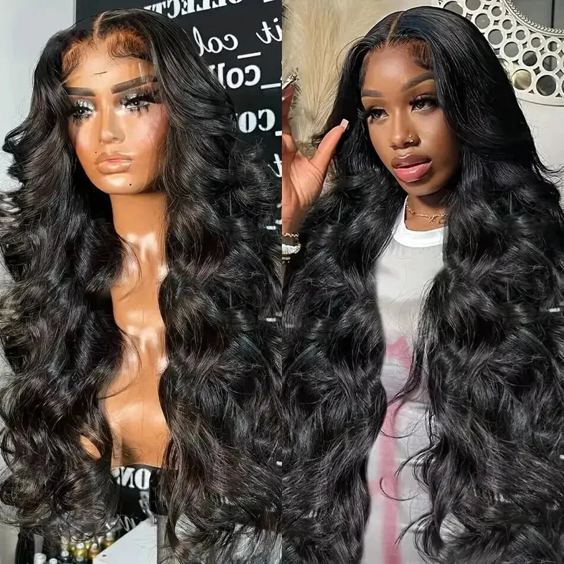 A black synthetic wig with large waves and a lace front, shown on a mannequin head.