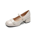 French style hiking shoes with patent leather upper, chunky heel, and square toe in apricot colour