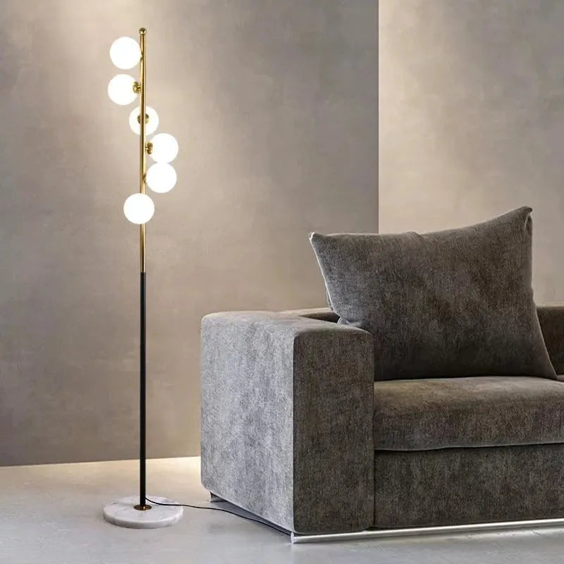 Minimalist Nordic floor lamp with iron and glass construction standing 154cm tall with marble base