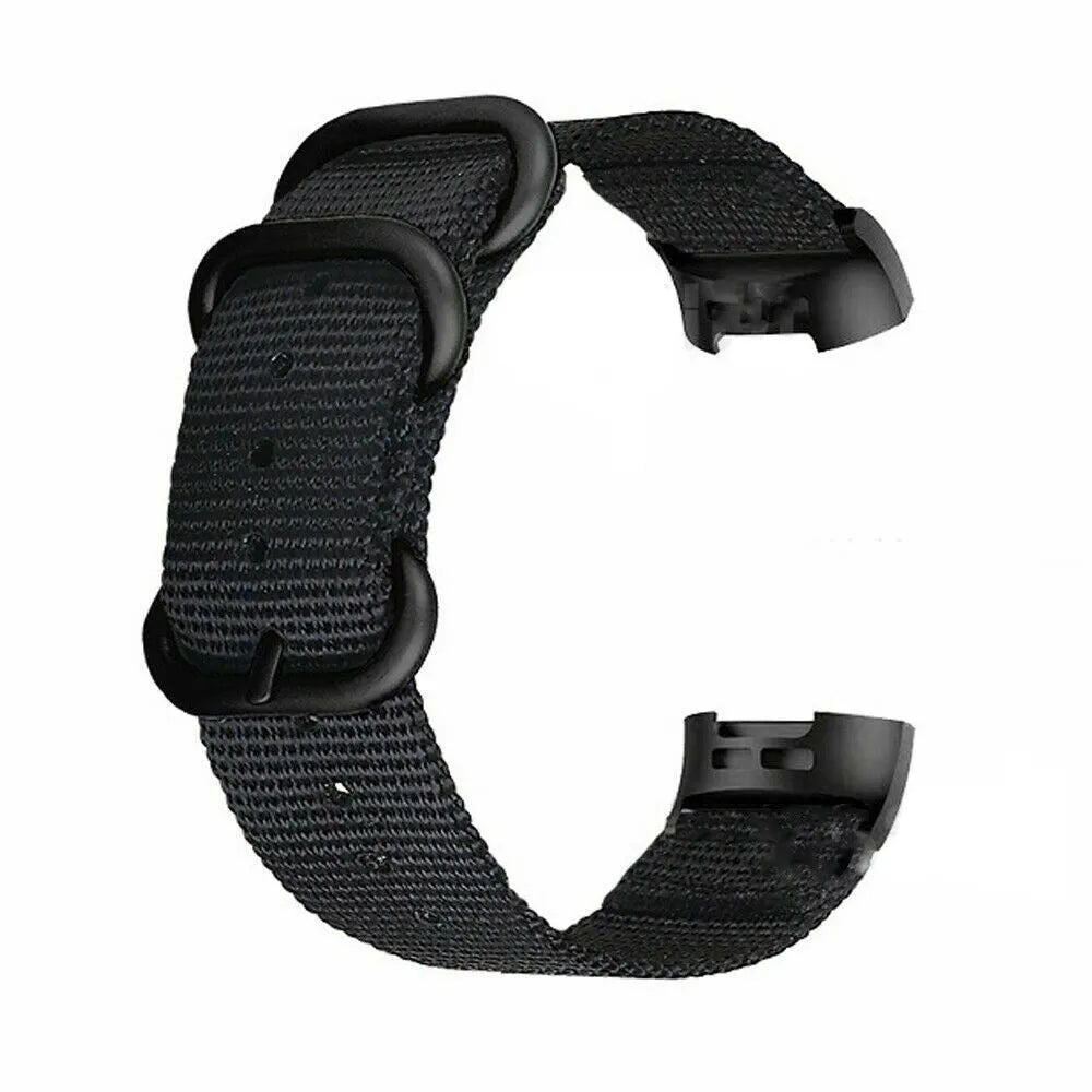 Army Green nylon replacement strap with three-ring buckle for Fitbit Charge 3 and Charge 4 fitness trackers.