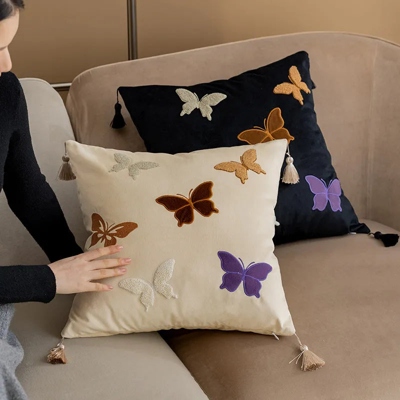 Square couch pillow with butterfly embroidery in Chinese style pattern, 45cm dimensions in beige, black, or purple