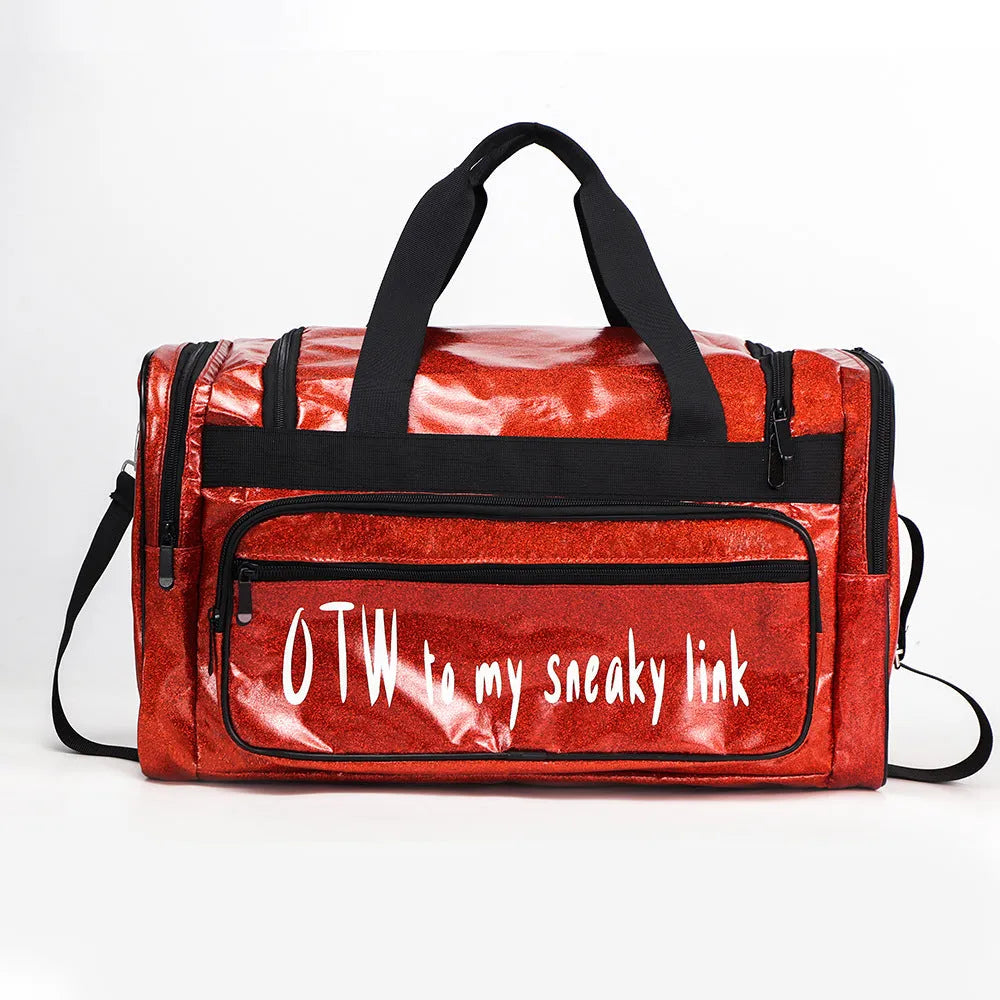 Large silver PU leather yoga sports handbag with letter design and multiple compartments