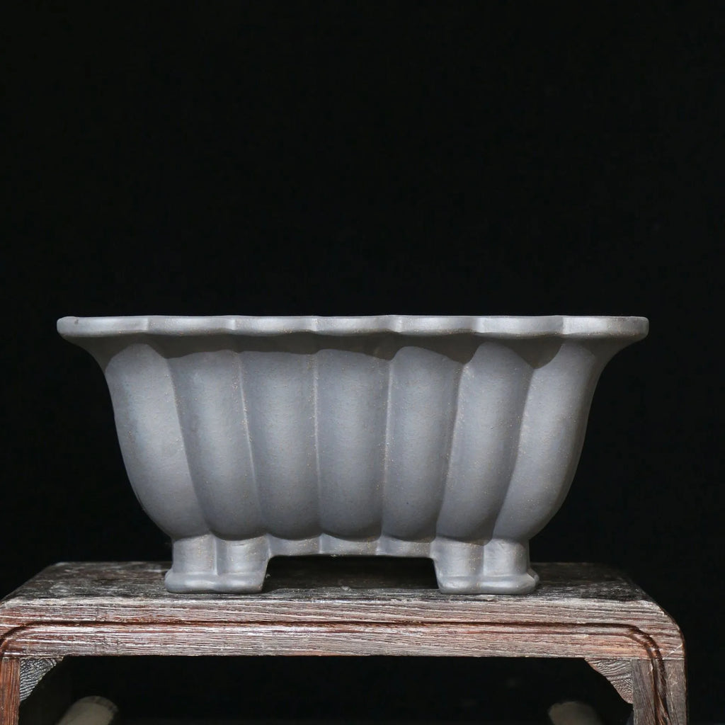 Square purple sand ceramic bonsai pot with classical styling on desktop
