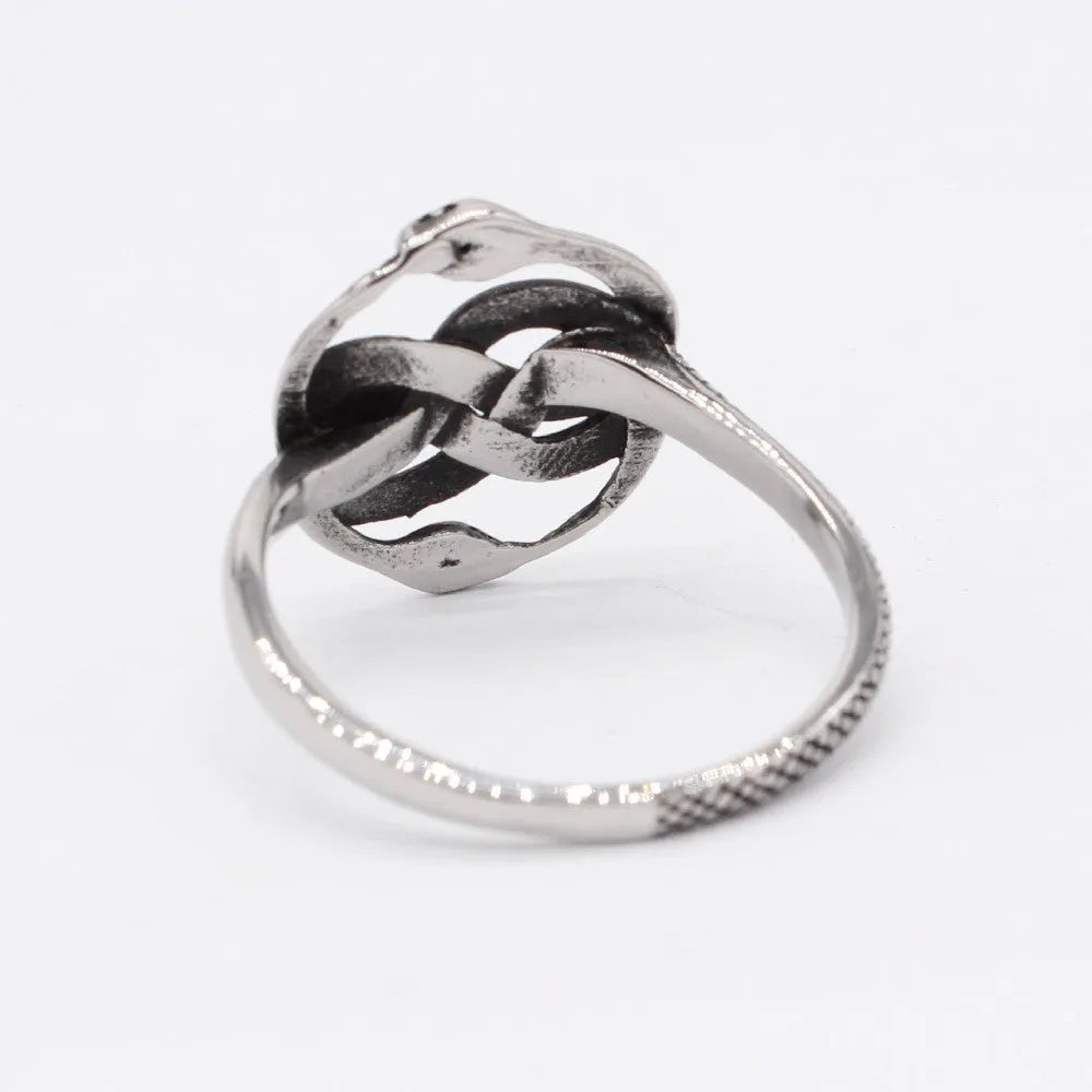 Titanium steel double snake ring in steel colour with retro design showing intertwined snakes
