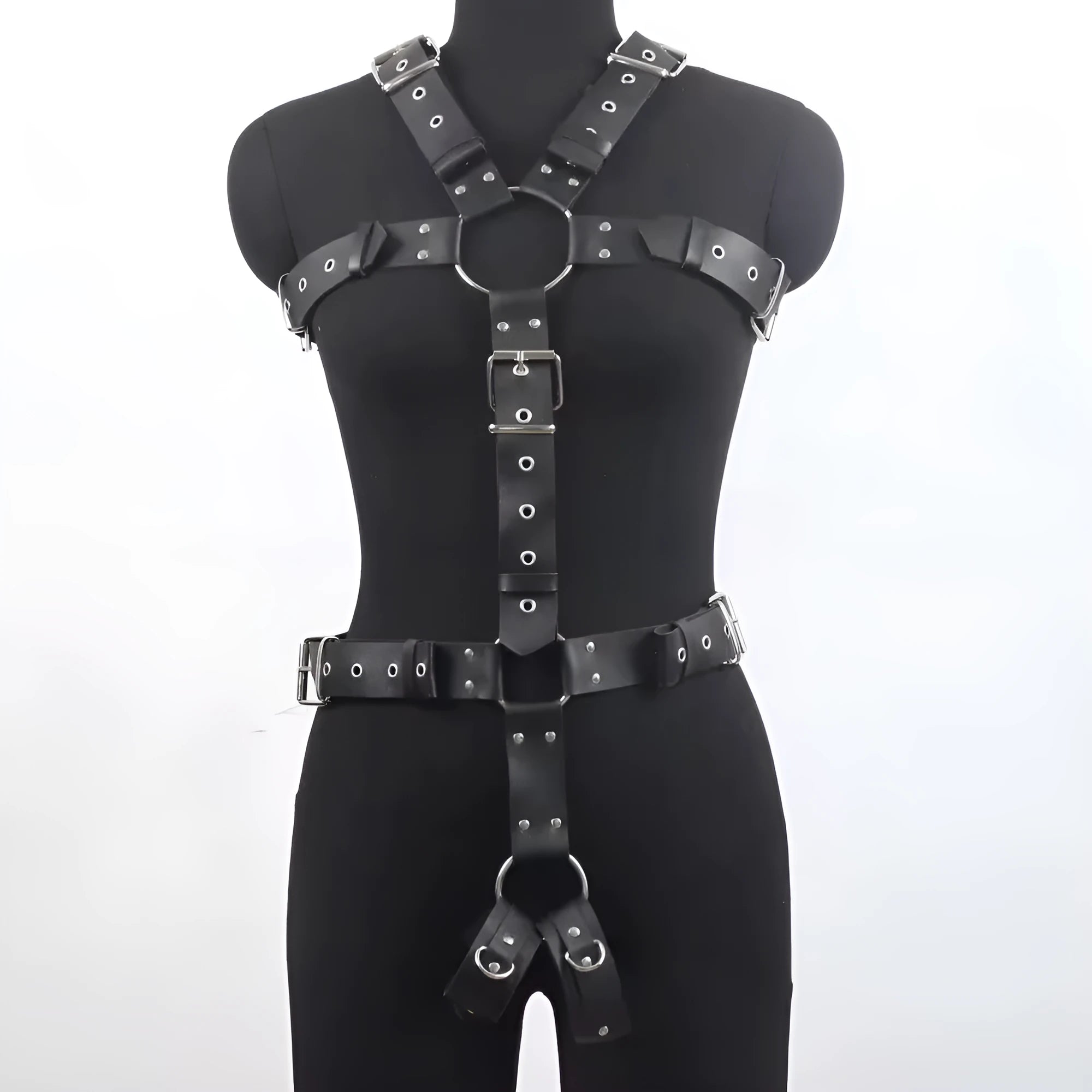 Black leather shapewear belt with thin width and pin buckle closure on plain background