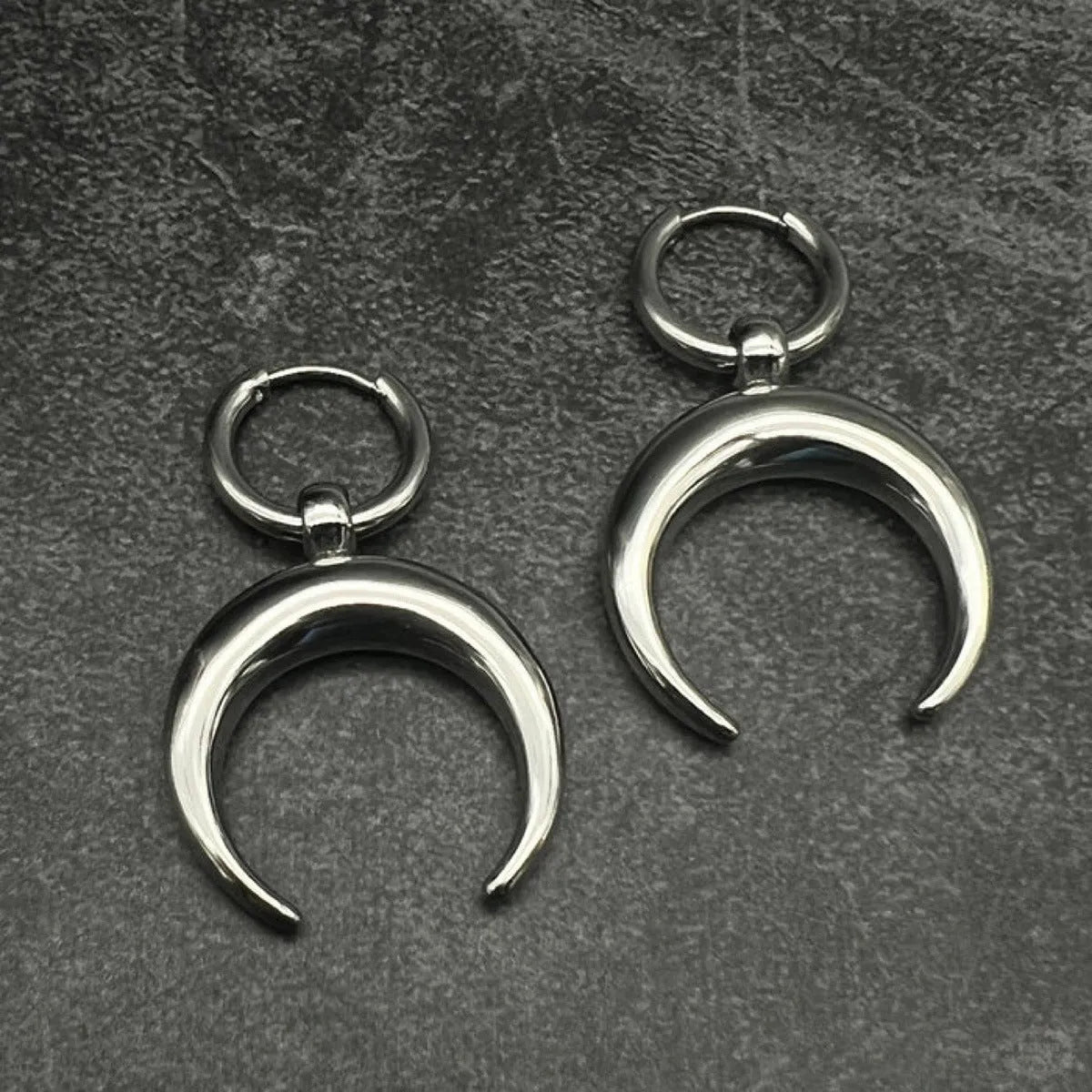 Alloy geometric hoop earrings with gothic moon design and silver electroplated finish