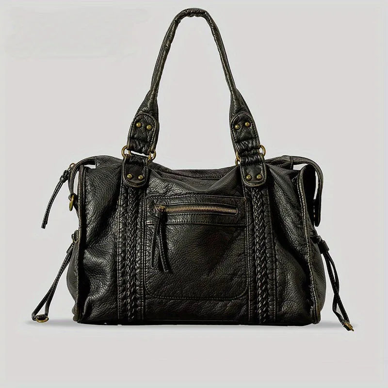 Women's brown retro PU messenger bag with woven accent and shoulder strap