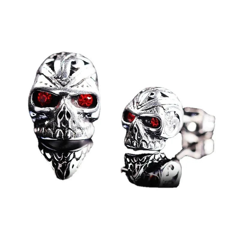 Retro skull stud earrings with red eye ghost head design on electroplated alloy
