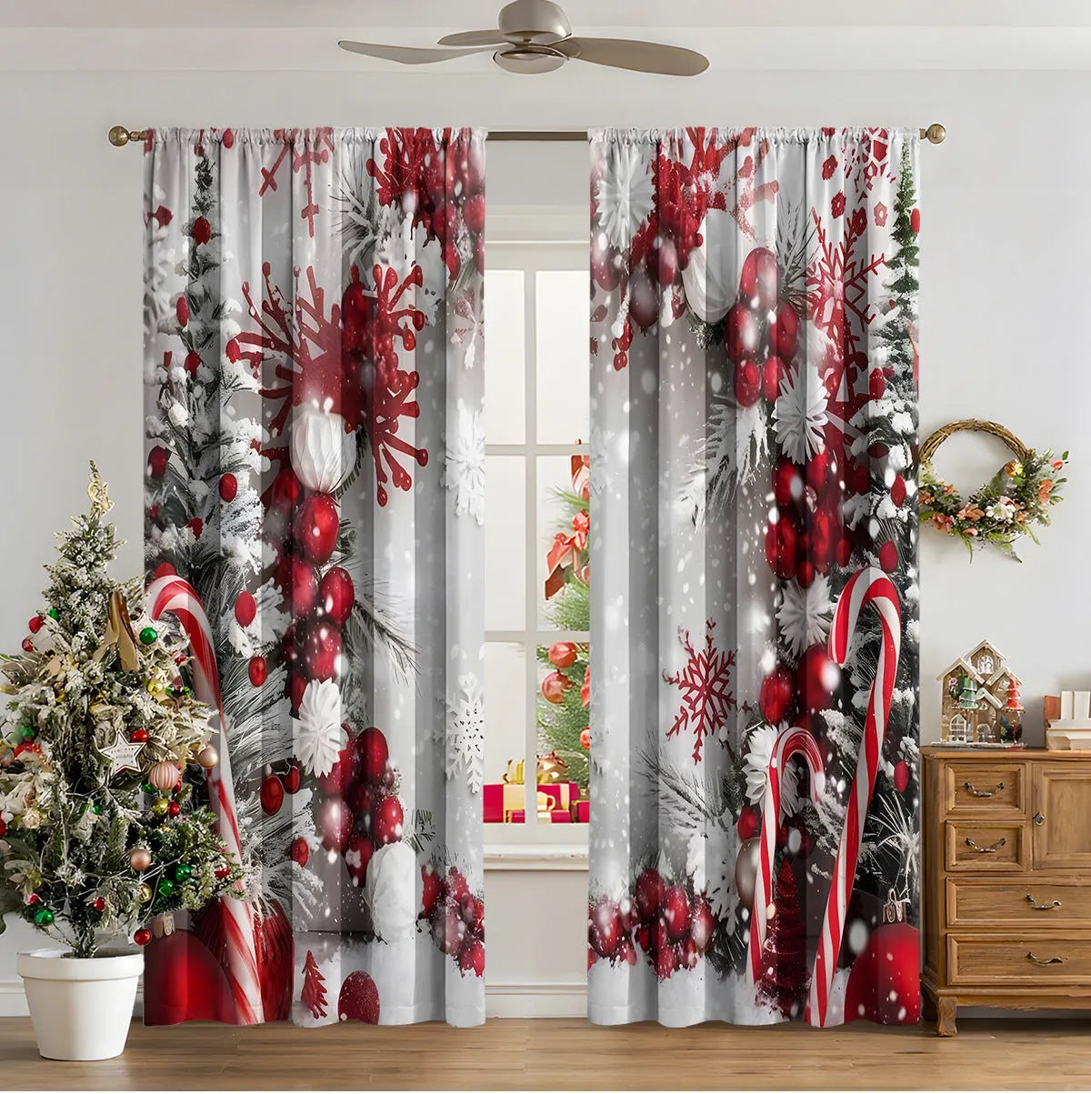 Set of two red and green 3D digitally printed Christmas theme curtains hanging on a window.
