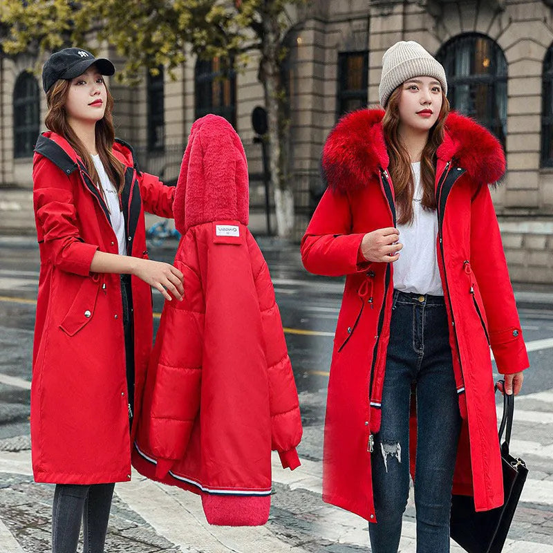 Women's long white cotton-padded fleece trench coat with a 100cm length and long sleeves.