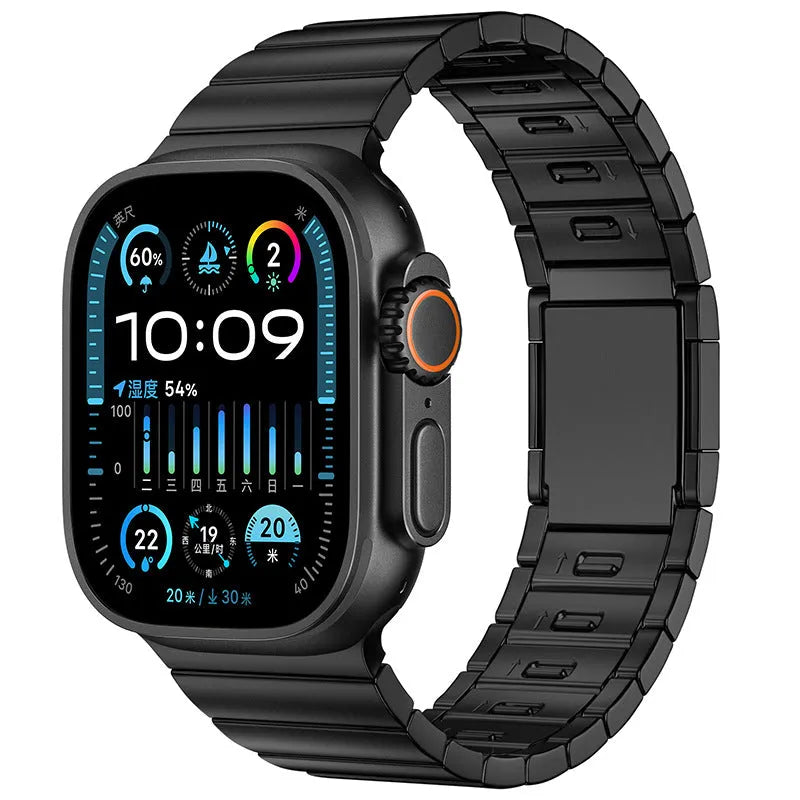 Stainless steel Apple Watch strap with magnetic buckle in multiple colour options on a wrist.