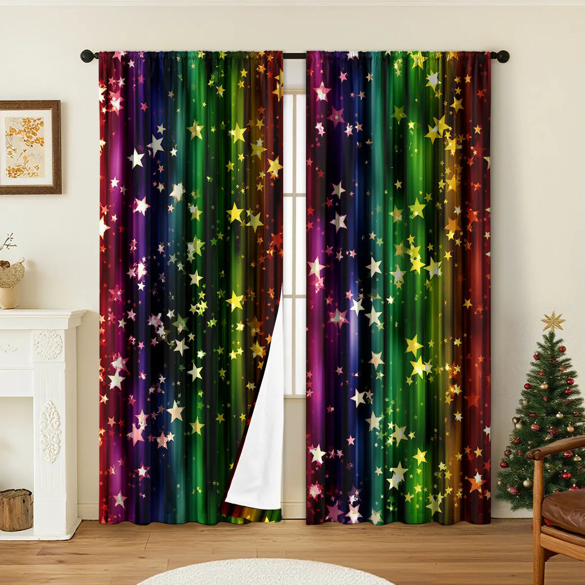 Pair of 3D digitally printed Christmas theme curtains made from polyester fabric, showing detailed pattern.