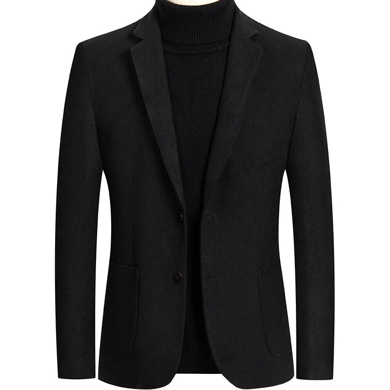 Men's slim fit wool suit jacket in grey, shown on a hanger, suitable for autumn and winter.