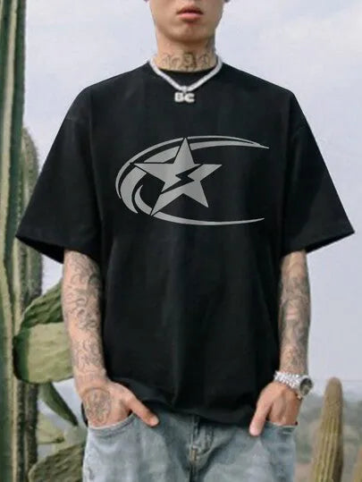 Men's black pure cotton short sleeve T-shirt with Japanese retro style on a hanger