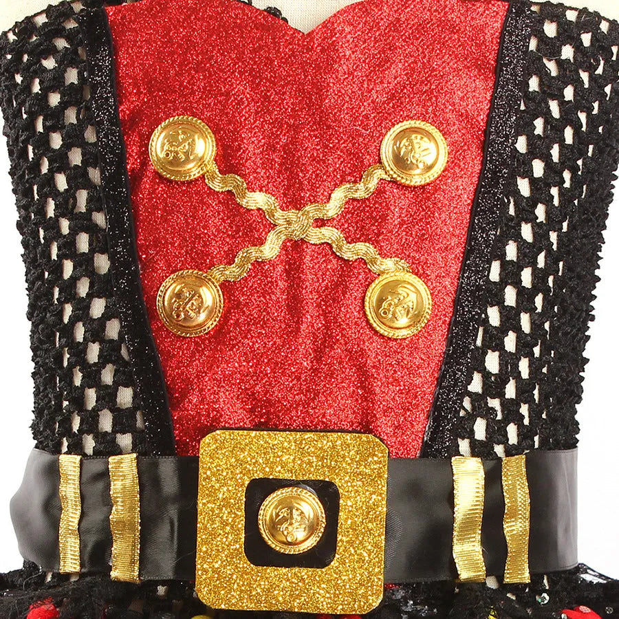 Girls sleeveless pirate costume dress with black sequin and lace detailing for Halloween.