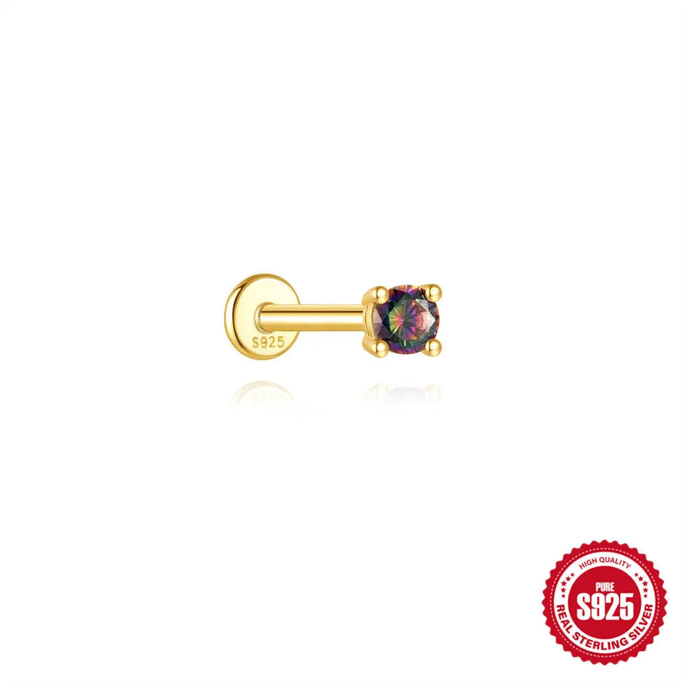 S925 sterling silver flat head stud earrings with shiny rainbow stone finish, showing thread piercing post.